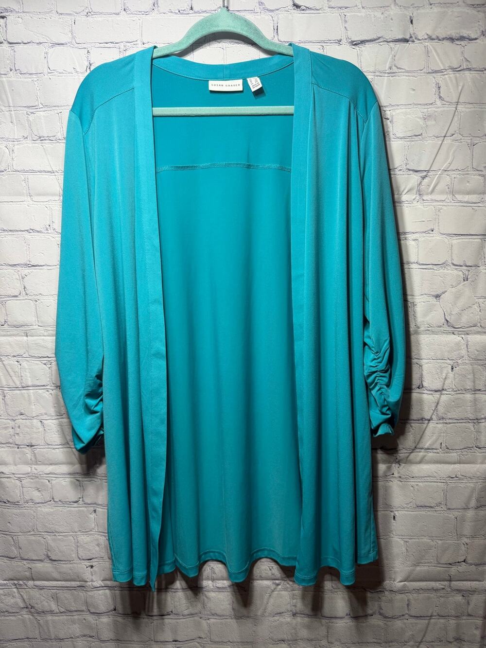 Susan Graver Womens Liquid Knit Open Front Cardigan Teal Size 1X Stretch
